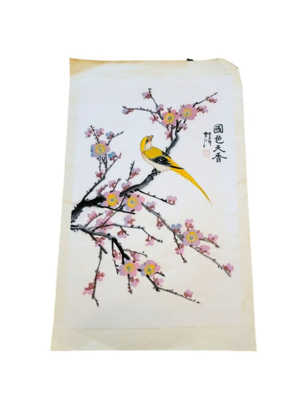 Chinese Hand Painted Fabric Art Yellow Bird + Cherry Blossoms Vintage LI5116